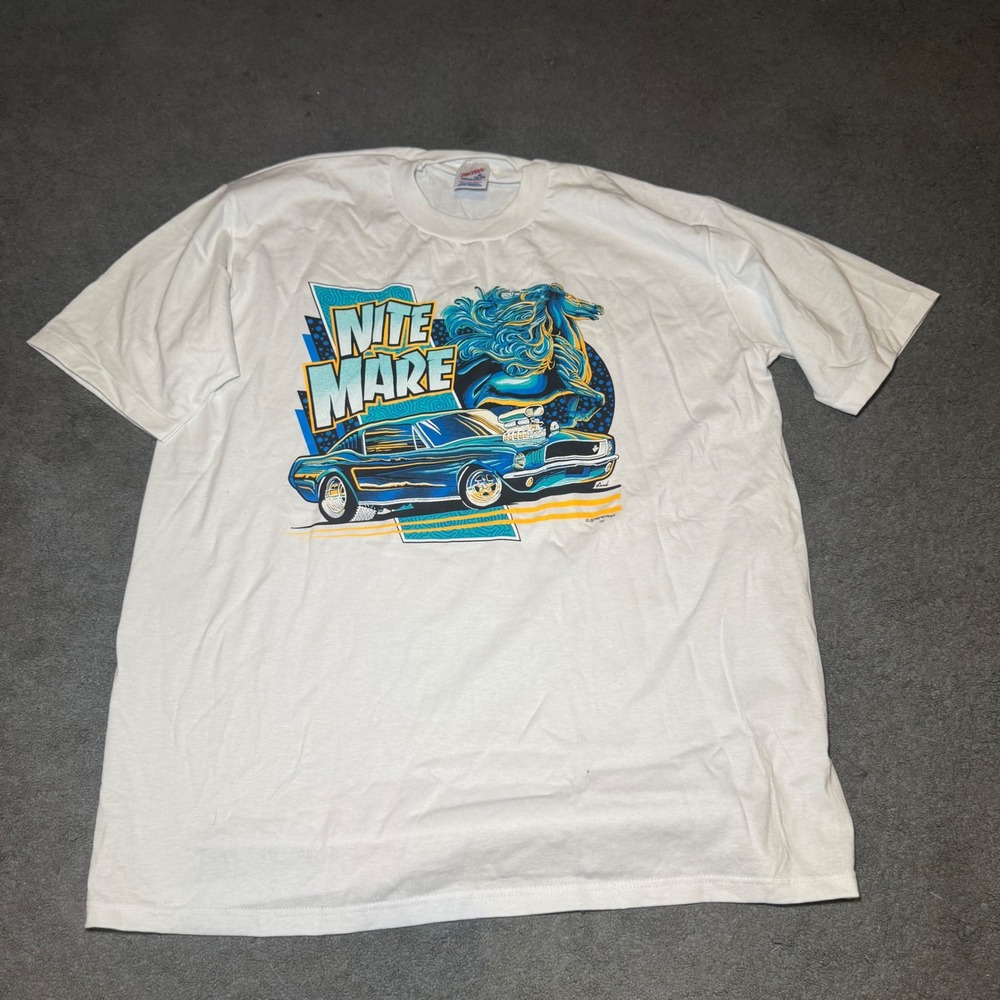 Vintage Jerzees Nite Mare Muscle Car Blue Horse Graphic T-Shirt White XL